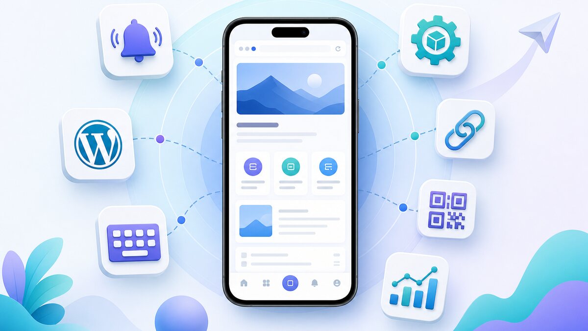 Website converted into a mobile app with push, APK, WordPress, links, QR code, keyboard, and analytics features
